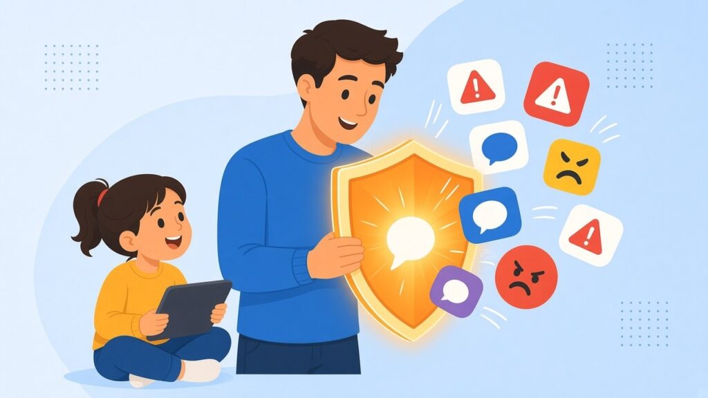 Dad holding an orange shield that blocks risky app icons while his daughter smiles with a tablet