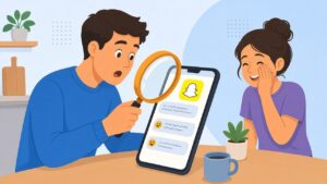 Dad examining teen slang on a Snapchat phone with a magnifying glass while his daughter laughs
