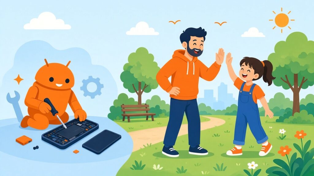 Android robot fixing a phone while a dad and his daughter high-five