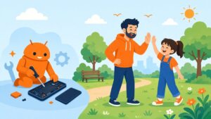 Android robot fixing a phone while a dad and his daughter high-five