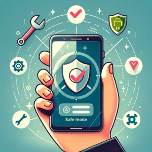 Android smartphone in hand displaying Safe Mode shield icon, surrounded by symbols of security and troubleshooting like a wrench and gears, against a soft gradient background.