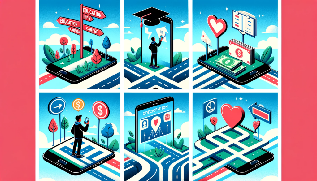 The image is a compilation of four scenes depicting the BitLife game concept: First Scene: A character stands at a crossroads with paths leading to symbols for education, career, and relationships, representing life choices. Second Scene: A smartphone displaying the BitLife app interface with a decision-making scenario. Third Scene: A digital landscape where a character confronts symbols like a graduation cap, a heart, and a dollar sign, symbolizing choices in education, relationships, and career. Fourth Scene: A complex flowchart or decision tree with multiple branches indicating diverse life outcomes, illustrating the game's decision-making aspect.