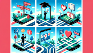 The image is a compilation of four scenes depicting the BitLife game concept: First Scene: A character stands at a crossroads with paths leading to symbols for education, career, and relationships, representing life choices. Second Scene: A smartphone displaying the BitLife app interface with a decision-making scenario. Third Scene: A digital landscape where a character confronts symbols like a graduation cap, a heart, and a dollar sign, symbolizing choices in education, relationships, and career. Fourth Scene: A complex flowchart or decision tree with multiple branches indicating diverse life outcomes, illustrating the game's decision-making aspect.