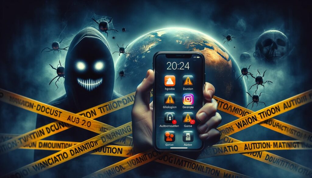 Dangerous Apps 2024 -A digital collage showing a smartphone with multiple app icons that have warning signs and caution tape across them. The phone is in the foreground