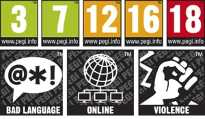 Colorful PEGI age rating labels from 3 to 18 with symbols for bad language, online interaction, and violence, indicating content suitability for different ages in gaming.