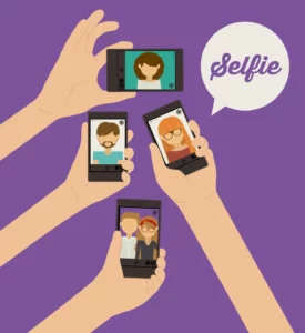 A vibrant illustration showing three cartoon hands holding smartphones, each taking a different selfie, with a speech bubble that says 'Selfie', questioning the safety of sharing personal photos online.