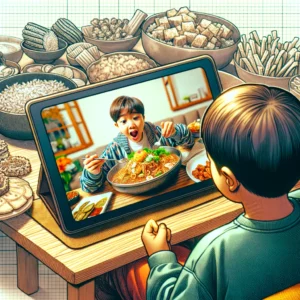 Child sitting on a sofa, engrossed in watching a mukbang video on a tablet, showing a host surrounded by a variety of foods and interacting with the audience.