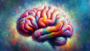 The image features a human brain artistically rendered in the style of French impressionism. It showcases soft, flowing brushstrokes and a vivid color palette typical of this art movement. The brain is depicted in an abstract manner, with light and color skillfully used to convey a sense of depth and texture. The overall effect is both creative and ethereal, capturing the intricate beauty and complexity of the brain in an impressionistic style.