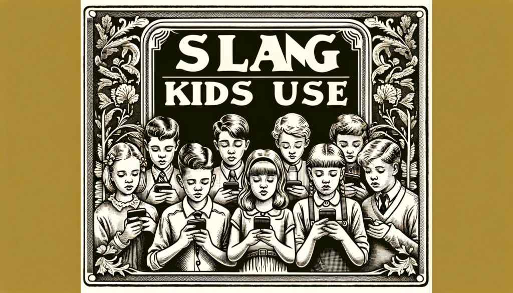 Slang kids use An engraved illustration in a vintage style showing teenagers focused on their smartphones and tablets.