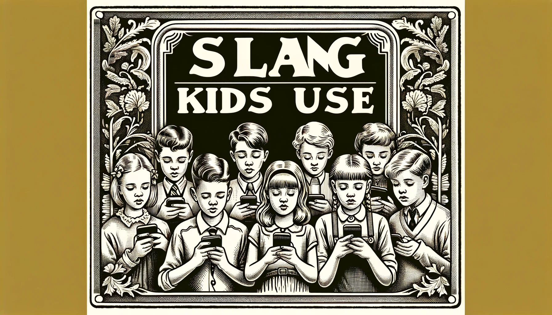 Slang <b>kids</b> use An engraved illustration in a vintage style showing teenager...