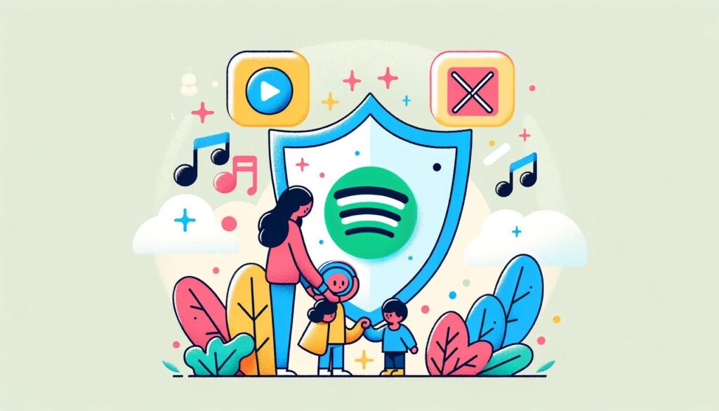 A vibrant, family-friendly image depicting a protective shield symbolically guarding a cheerful family from blurred explicit content icons, symbolizing parental control against porn on Spotify