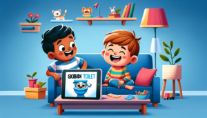 Two cheerful children are sitting on a sofa in a brightly colored room, engrossed in watching 'Skibidi Toilet Series' on a tablet. The surrounding is playful and child-friendly, adorned with toys and vibrant decor, reflecting the amusing and captivating nature of the series that holds the kids' attention