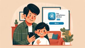 An illustration of a smiling parent and child looking together at a smartphone. The phone's screen displays a message 'App Installation Blocked' with a prominent blue 'Block' button. They are in a cozy living room, with a couch and lamp, creating a warm, family-friendly atmosphere symbolizing a secure, family-oriented approach to managing and blocking app installations on a child's Android phone.