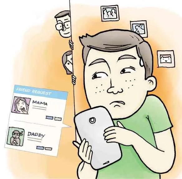 A cartoon illustration of a teenage boy looking uncomfortable and slightly anxious as he checks his tablet, which displays friend requests from "MAMA" and "DADDY." Behind him, peering around a corner with a playful or teasing expression, is a man, possibly representing the father, adding to the boy's apparent unease. The scene captures the social media dynamic between parents and teens, specifically relating to the etiquette of friend requests, which is a focal point in discussions about "Proper Parental Etiquette on Social Media." The walls are adorned with framed pictures, suggesting a familiar and personal setting like a home.