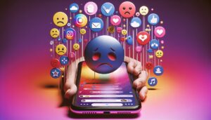 A symbolic illustration of the harsh reality of social media cyberbullying. In the middle, there's a smartphone displaying a social media app with negative comments and icons. Surrounding the smartphone, there are desaturated, sad emojis to emphasize the emotional impact. In the background, there's a contrasting vibrant digital world showing other aspects of the online life, full of colors and appealing icons. The juxtaposition of these elements should visually underline the paradox of the beautifully-designed digital world and the concerning underlayer of cyberbullying.