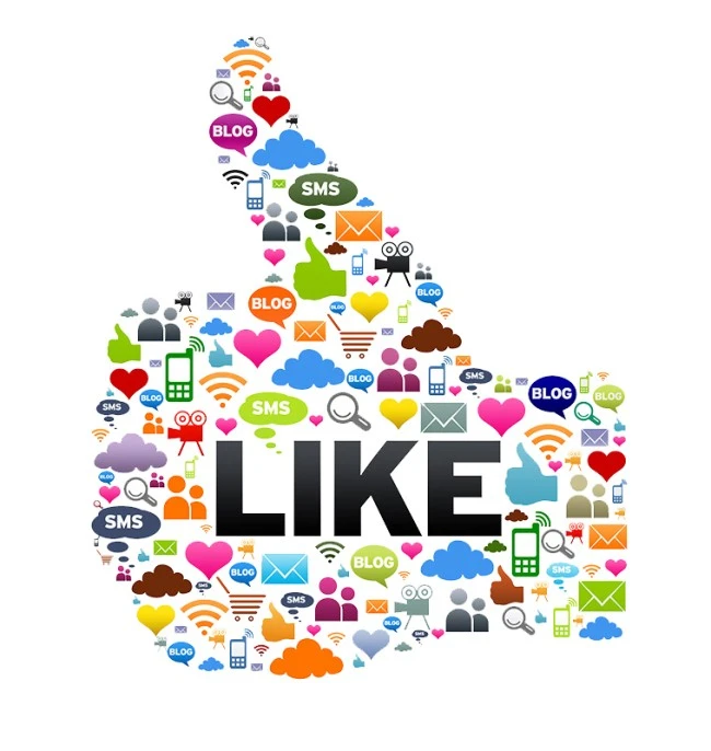 An artistic collage shaped like a thumbs-up 'Like' symbol, composed of various social media and communication icons such as hearts, clouds, Wi-Fi signals, music notes, and more, depicting the dynamic and interconnected nature of the online communications landscape that parents need to learn about.