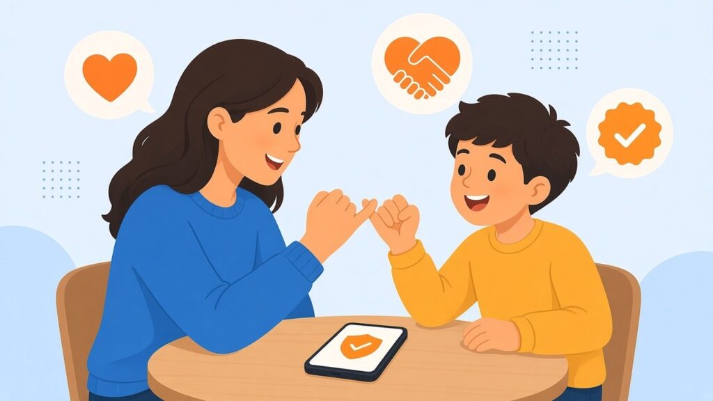Mom and son laughing as they make a pinky promise over a protected phone
