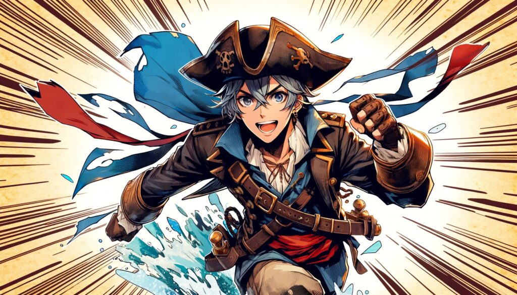 The image features a dynamic manga-style illustration of a pirate. The character is portrayed in an adventurous pose, exuding energy and intrigue. The pirate's attire is detailed and stylized, typical of manga art, and the background suggests an action-packed setting, enhancing the overall sense of adventure and storytelling unique to manga. The composition effectively conveys a sense of excitement and a journey on the high seas, embodying the spirit of One Piece manga-style piracy