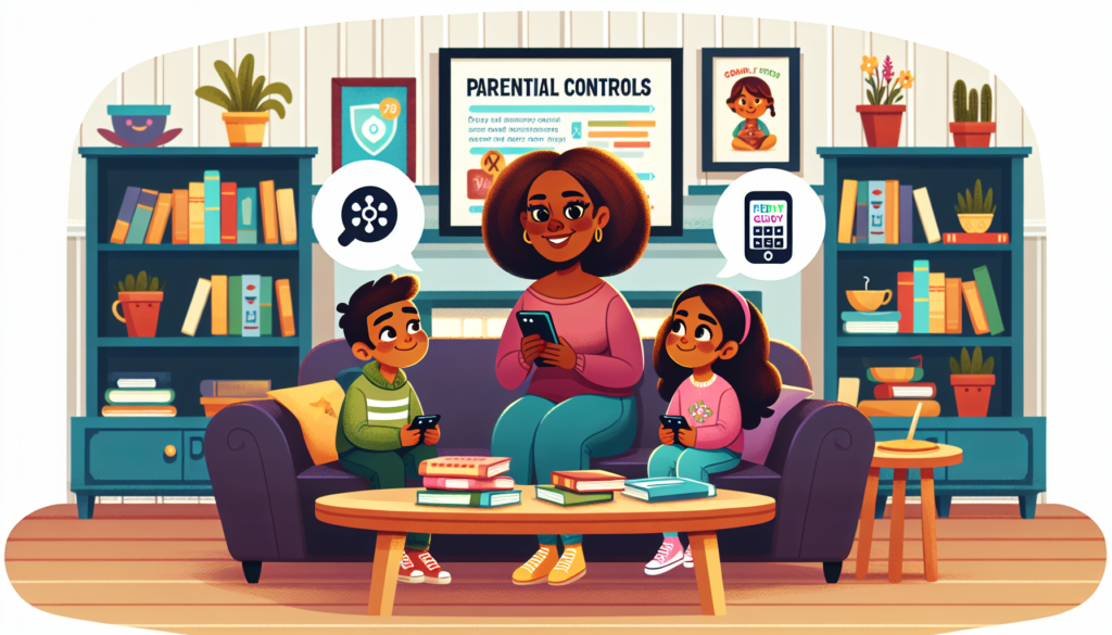 A mother and her two children using smartphones in a cozy living room with "Parental Controls" displayed on the wall, emphasizing secure phone usage