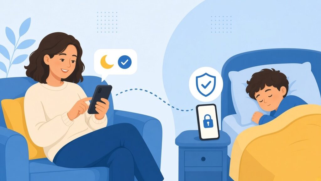 Parent setting a bedtime lock from their phone while their child sleeps with a locked phone on the nightstand