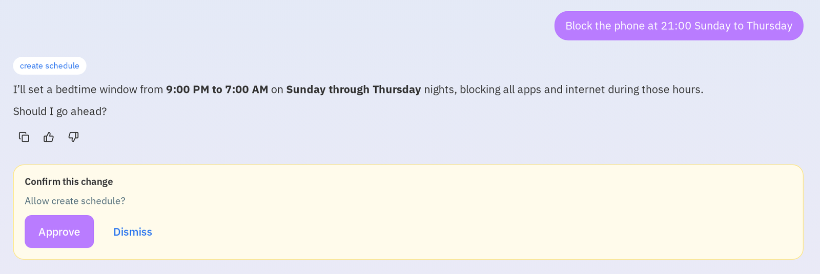 SafeLagoon My assistant creating a 9 PM to 7 AM bedtime window for Sunday to Thursday and asking the parent to approve the change