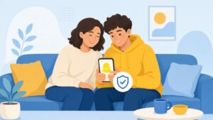 Parent and teen looking at a phone together with a safety shield