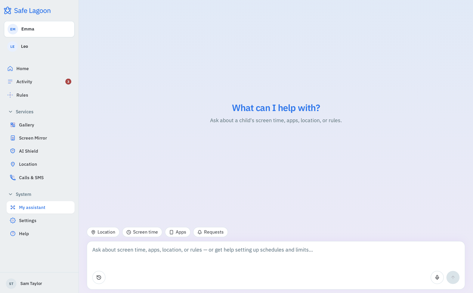 The My assistant start screen in the SafeLagoon parent portal: "What can I help with?", topic chips, a message box and a microphone button