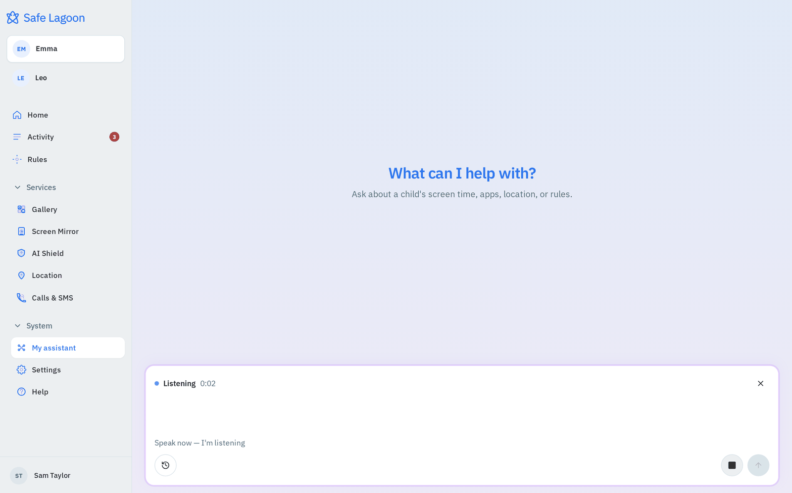 Voice input in My assistant: the message box shows "Listening" and "Speak now — I'm listening" while the parent speaks a request